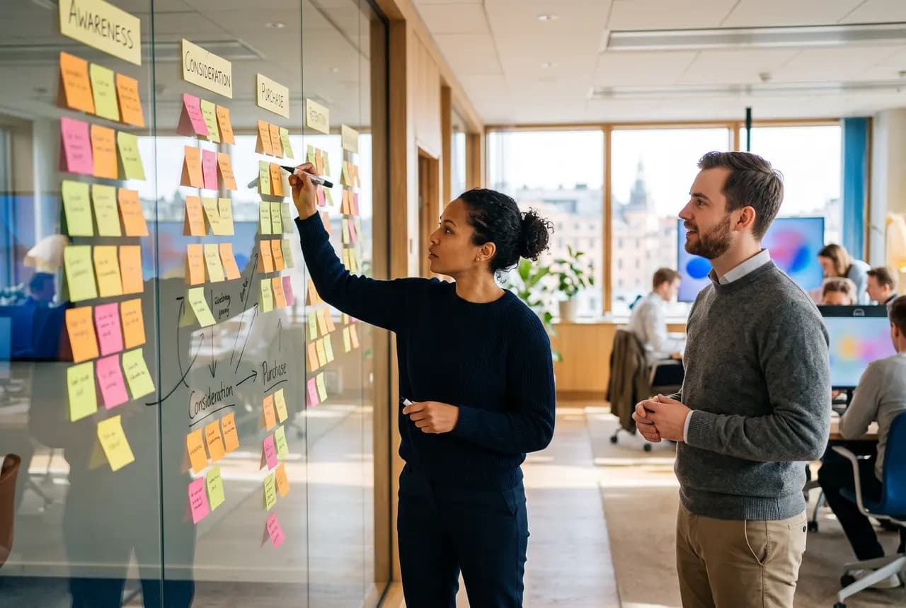 Parcours client cartographié sur une paroi vitrée avec des post-its : notoriété, considération, achat.