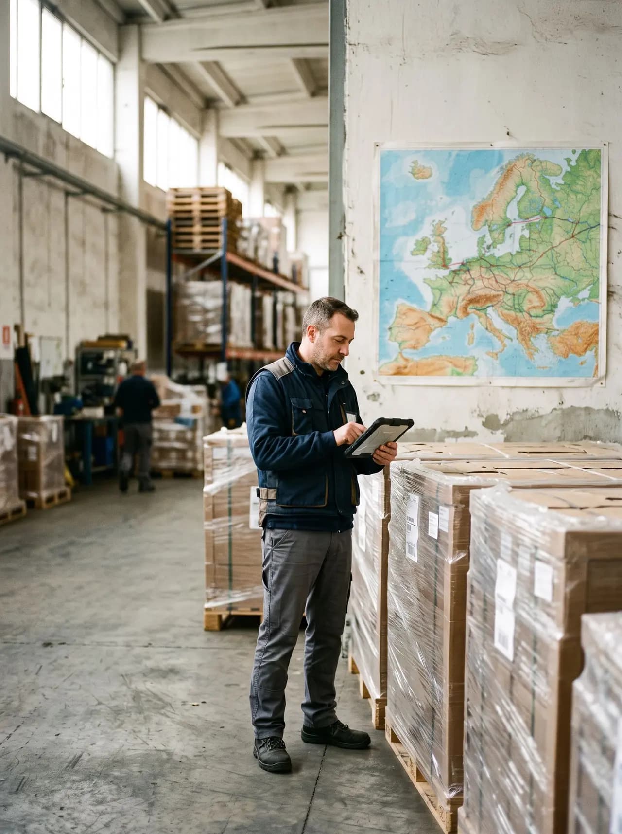 Un responsable logistique avec une tablette devant une carte de l'Europe.