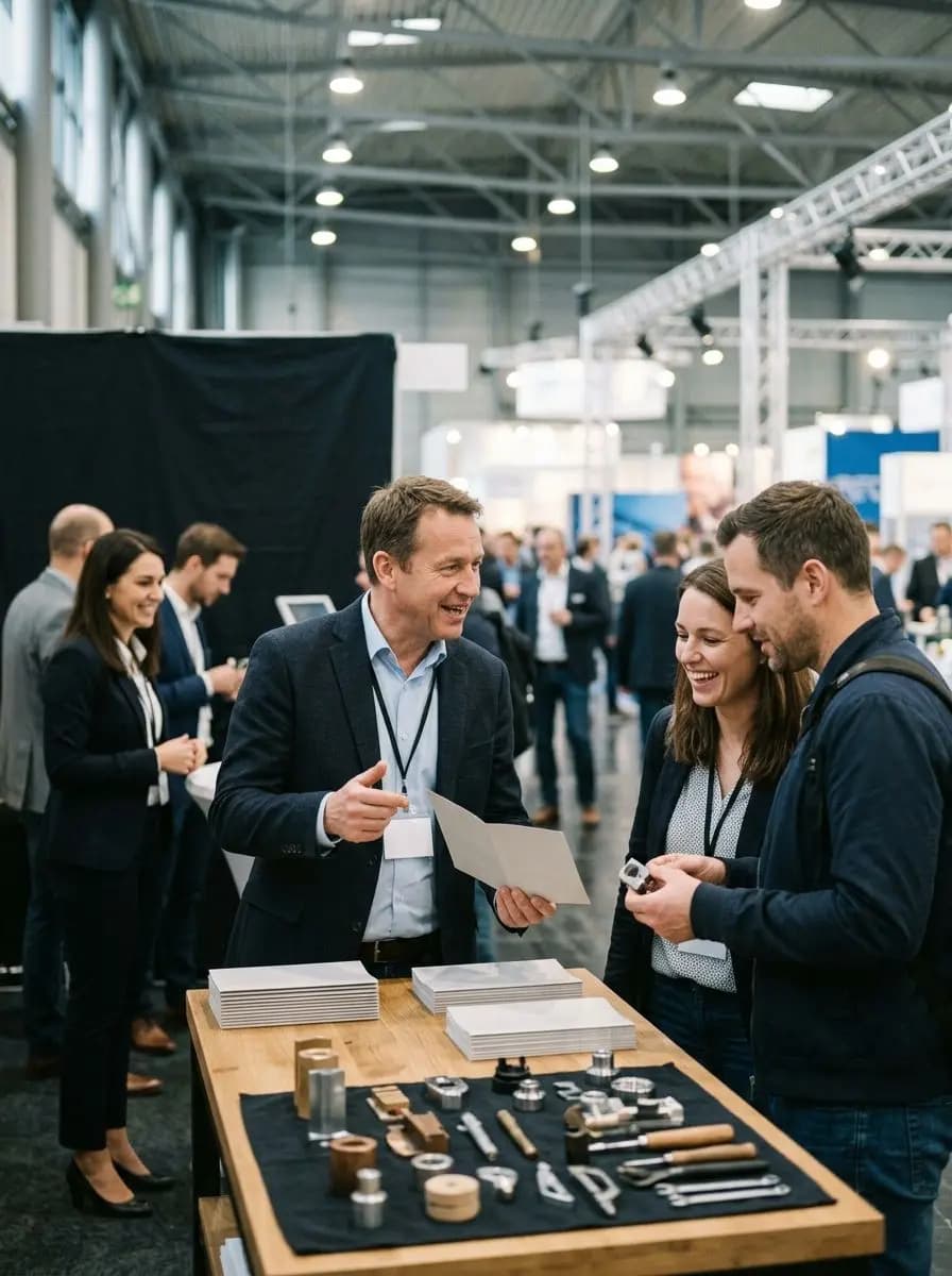 Une équipe accueille des visiteurs sur un stand de salon professionnel.