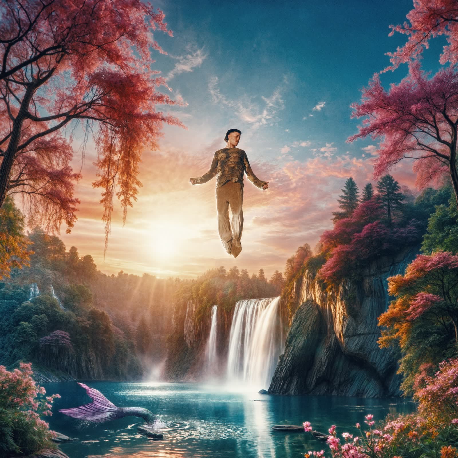 Composition : une silhouette suspendue au-dessus d'une cascade, arbres roses